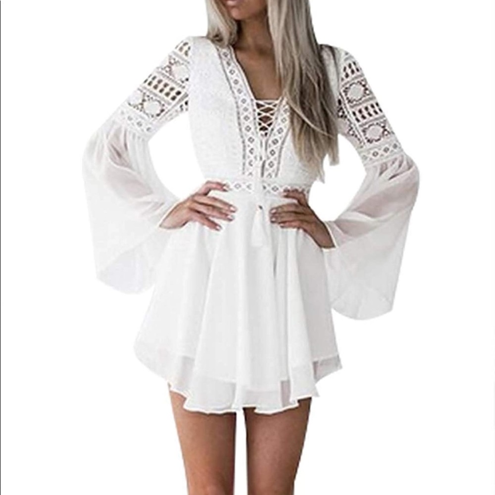 White boho short Dress Crochet size L